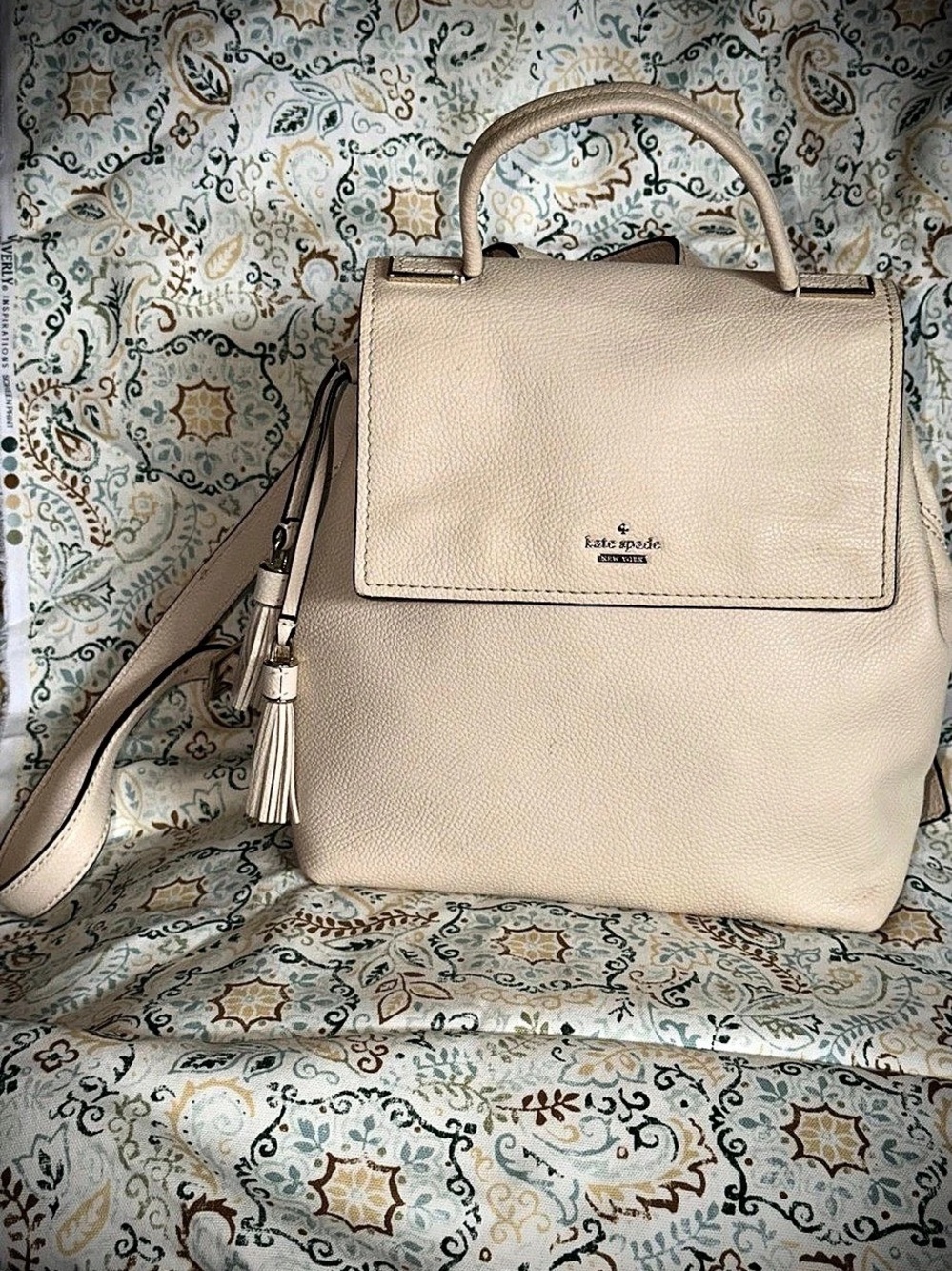 🔥 KATE SPADE ♠️ Naomi Pebbled Leather Backpack PARCHMENT Cream Ivory Flap Tassel